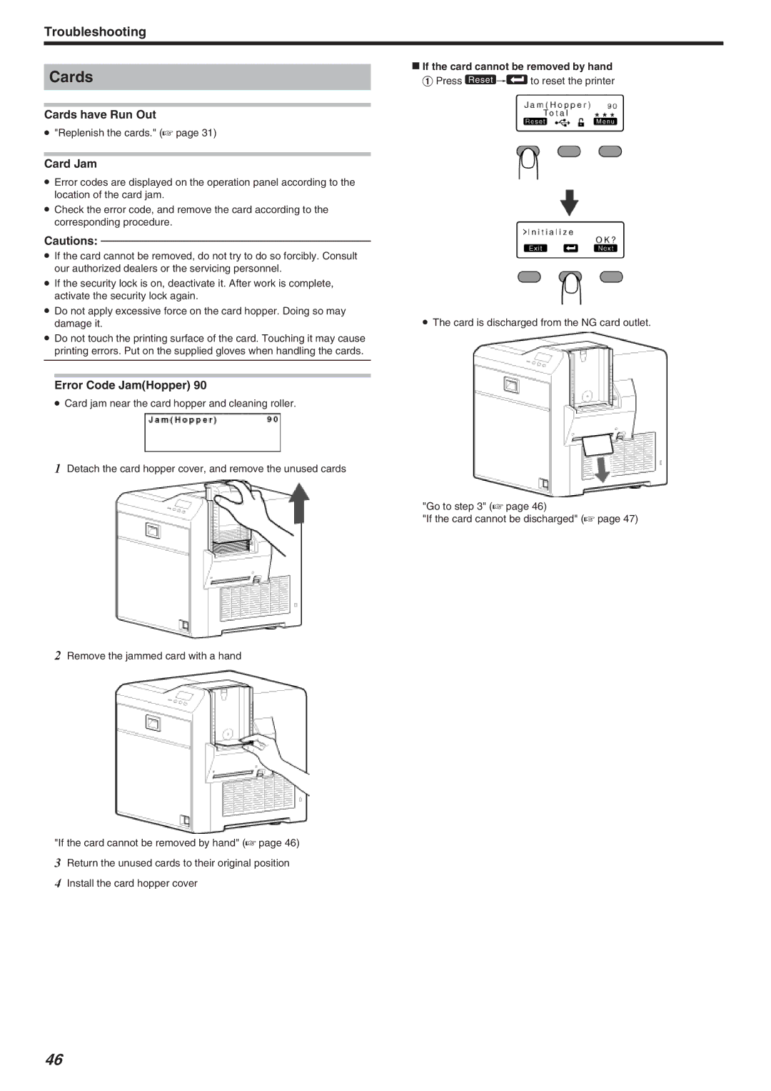 JVC LST1006-002A, CX-7000 Series manual Error Code JamHopper, If the card cannot be removed by hand 