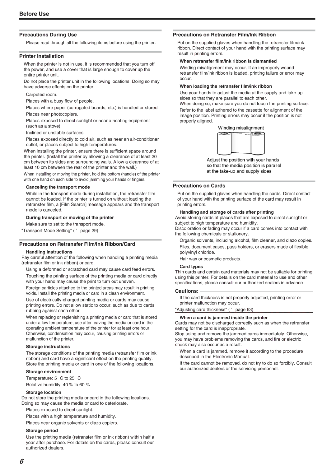 JVC LST1006-002A manual Precautions During Use, Printer Installation, Precautions on Retransfer Film/Ink Ribbon/Card 