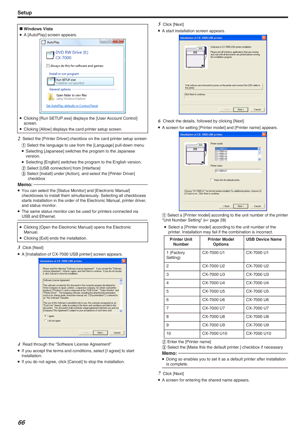 JVC LST1006-002A, CX-7000 Series manual Windows Vista, Printer Unit Printer Model USB Device Name Number Options 