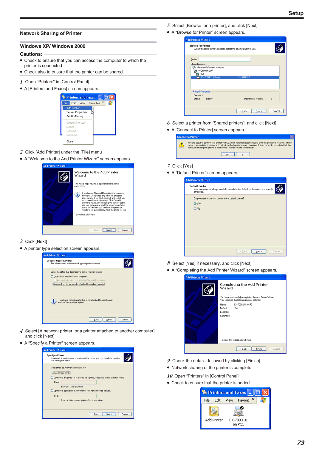 JVC CX-7000 Series, LST1006-002A manual Network Sharing of Printer Windows XP/ Windows 