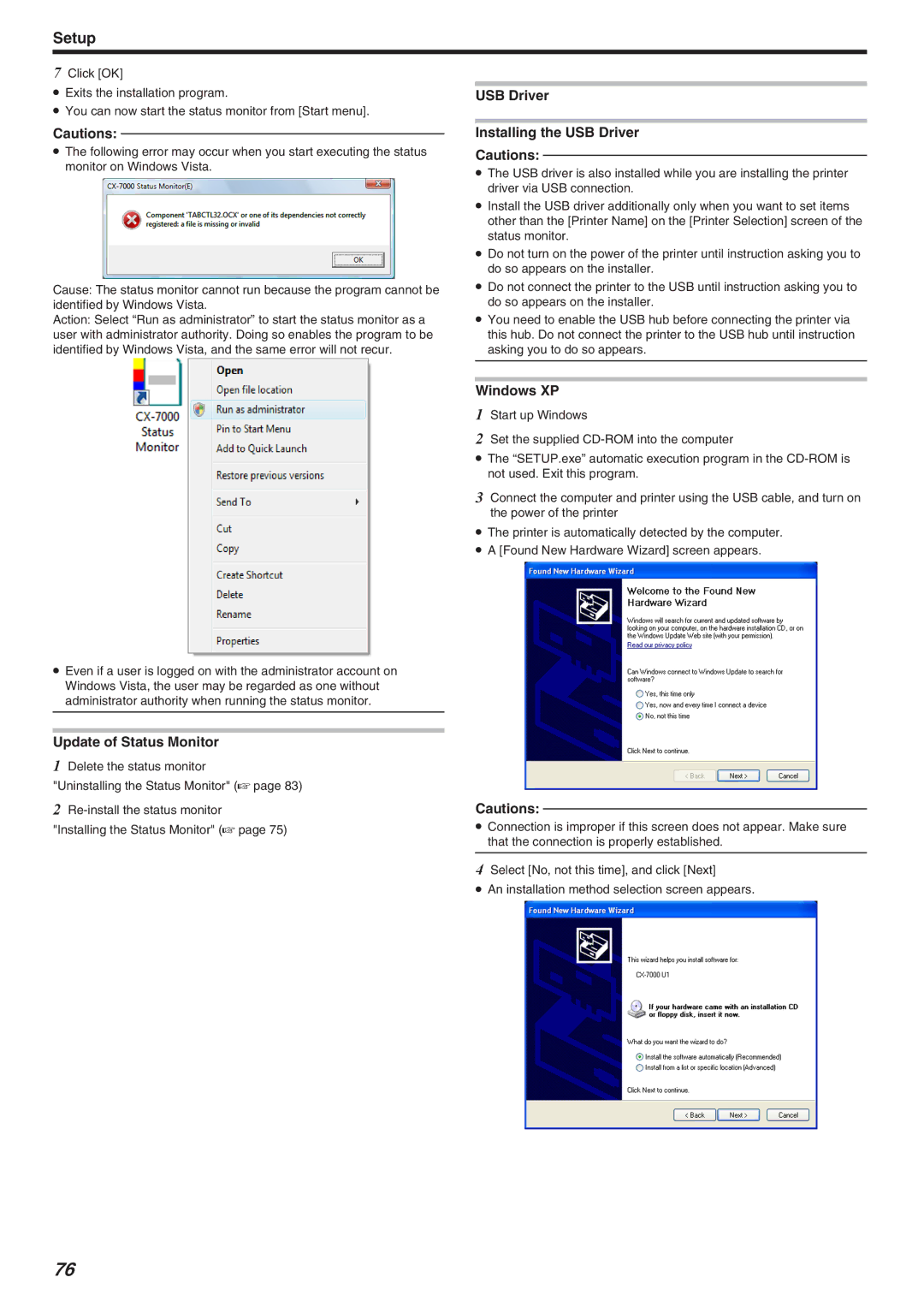 JVC LST1006-002A, CX-7000 Series manual USB Driver Installing the USB Driver, Update of Status Monitor, Windows XP 