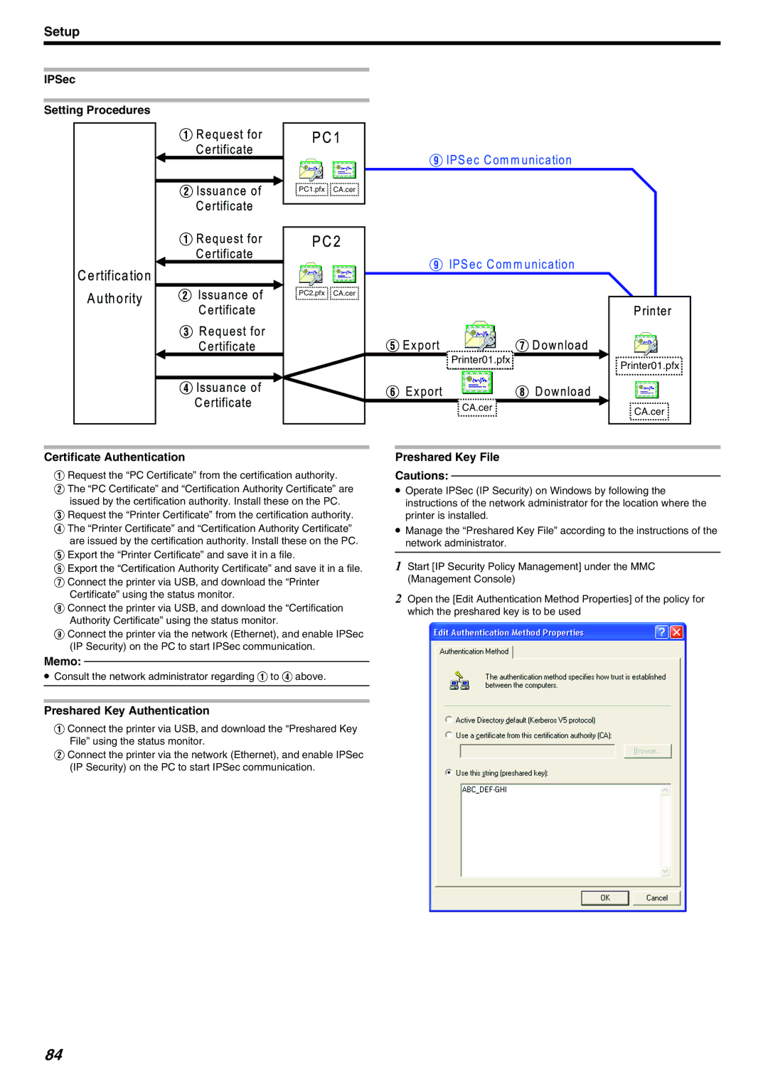 JVC LST1006-002A IPSec Setting Procedures, Certificate Authentication, Preshared Key Authentication, Preshared Key File 