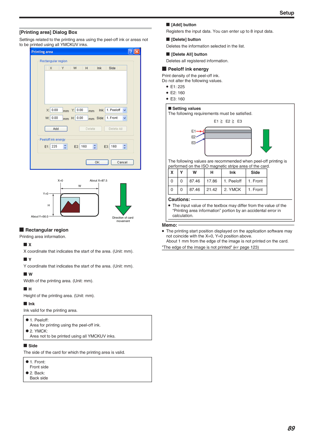 JVC CX-7000 Series, LST1006-002A manual Printing area Dialog Box, Rectangular region, Peeloff ink energy 