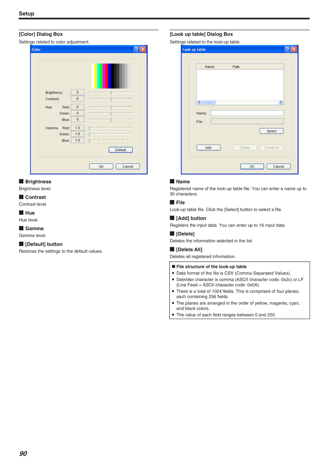 JVC LST1006-002A Color Dialog Box, Brightness, Contrast, Hue, Gamma, Default button, Look up table Dialog Box, Name, File 