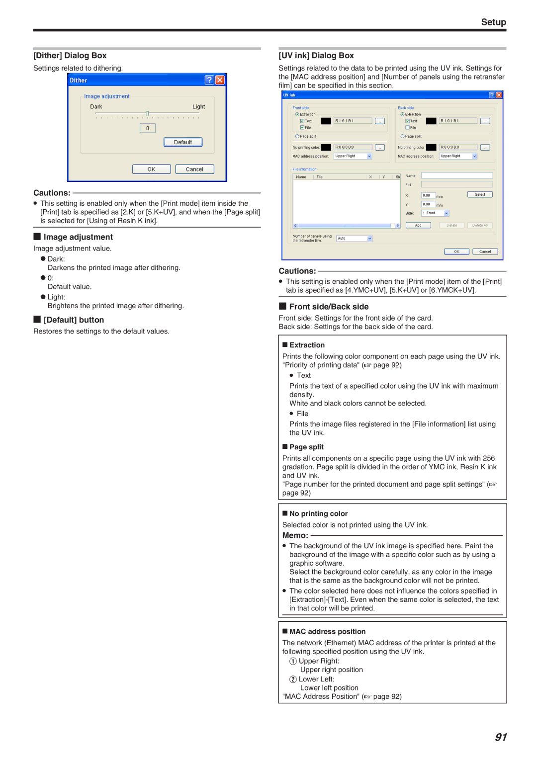 JVC CX-7000 Series, LST1006-002A manual Dither Dialog Box, Image adjustment, UV ink Dialog Box, Front side/Back side 