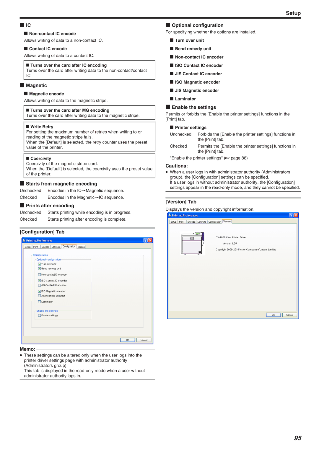 JVC CX-7000 Series Magnetic, Starts from magnetic encoding, Prints after encoding, Configuration Tab Memo, Version Tab 