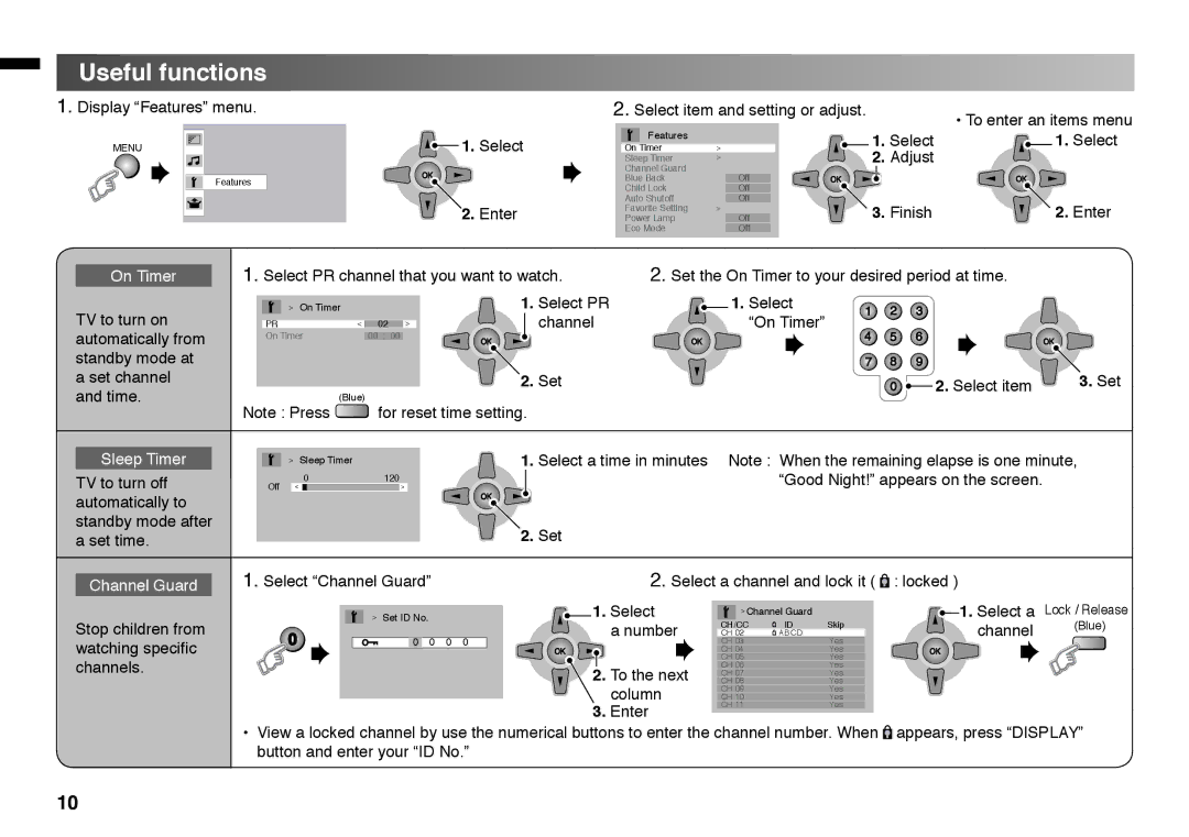 JVC LT - 32BX18 instruction manual Useful functions, Select, On Timer, Sleep Timer, Channel Guard 