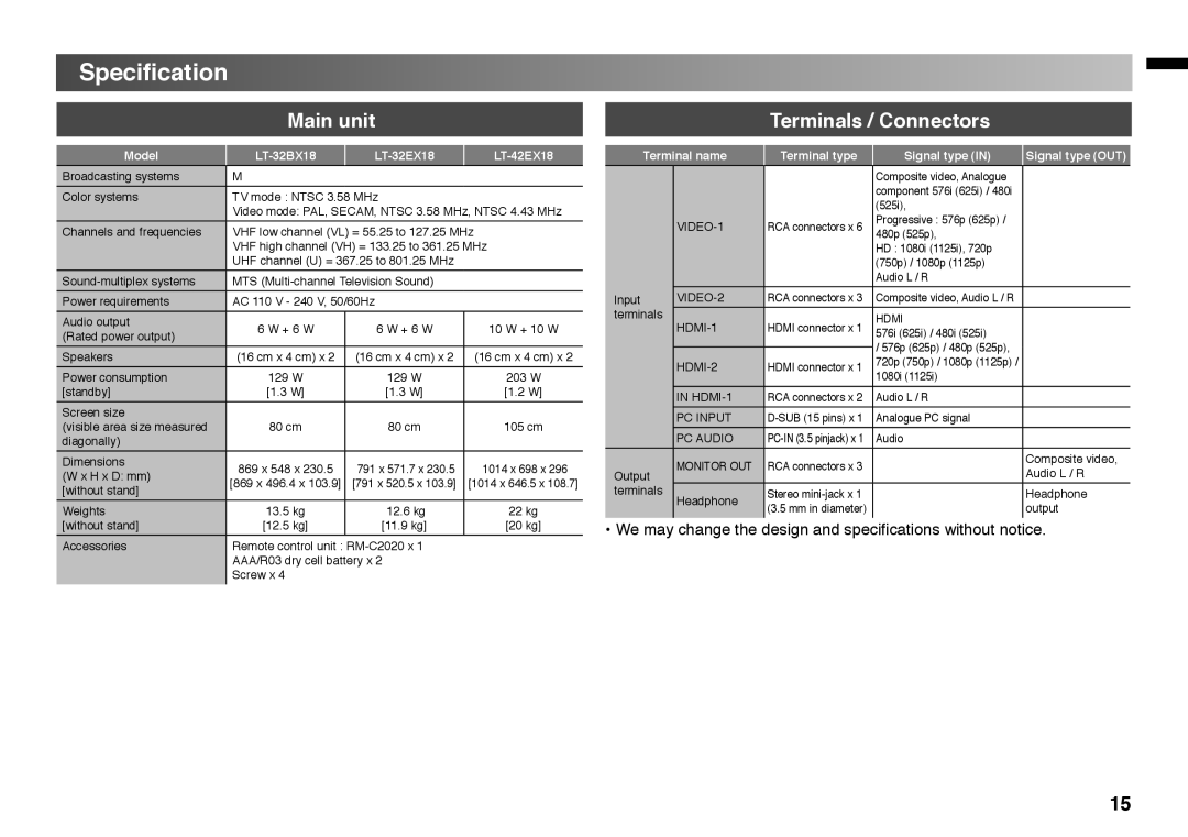 JVC LT - 32BX18 instruction manual Speciﬁcation, Main unit 