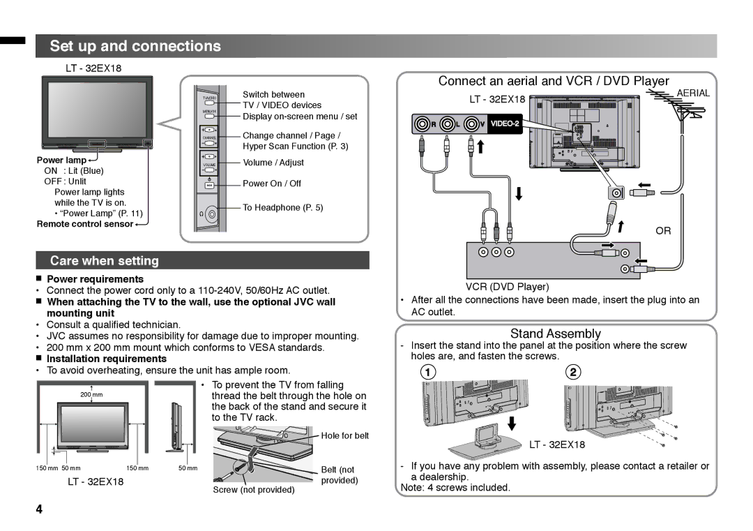 JVC LT - 32BX18 instruction manual Set up and connections, Power requirements, Installation requirements 