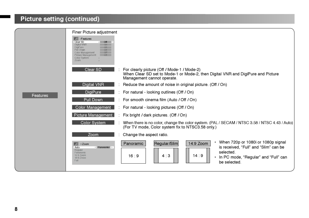 JVC LT - 32BX18 instruction manual Finer Picture adjustment, Zoom 