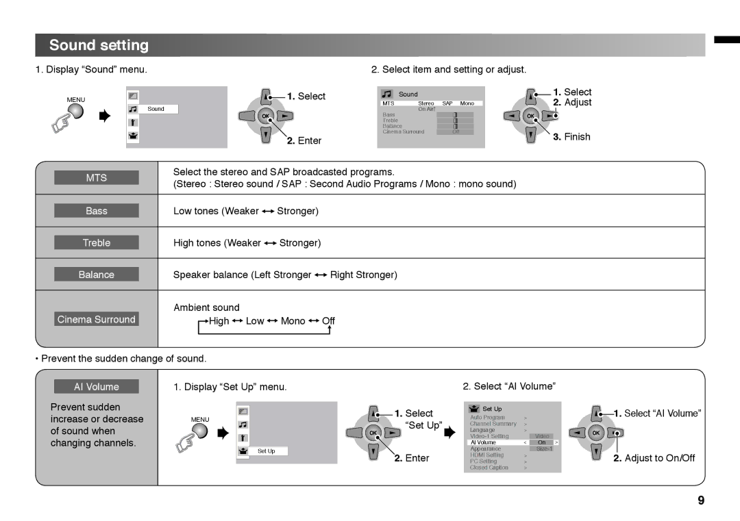 JVC LT - 32BX18 instruction manual Sound setting, Balance, Cinema Surround, AI Volume 