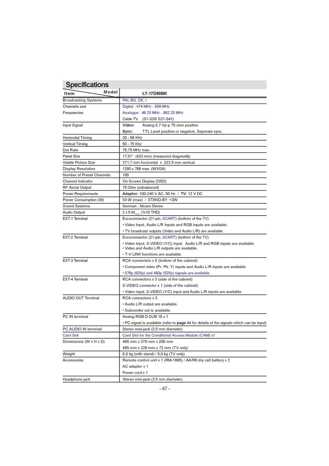 JVC LT-17D50BK, LT-23D50BK manual Specifications, ItemModel 