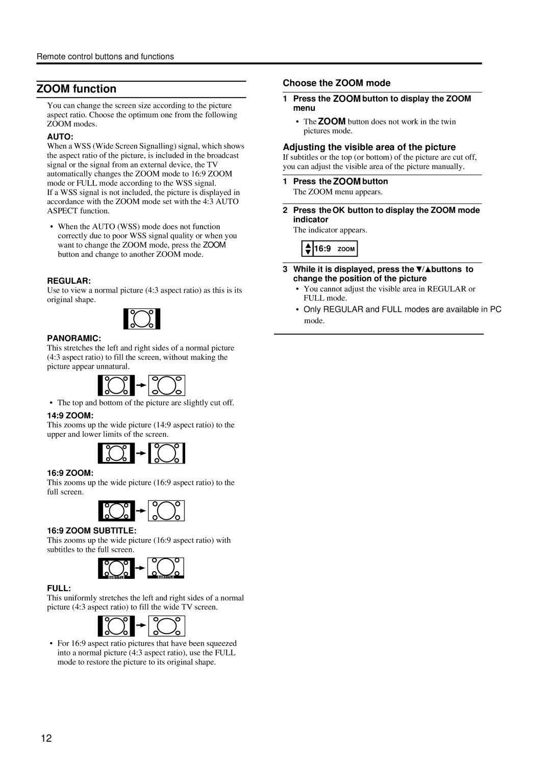 JVC LT-17S2 LT-23S2 manual Zoom function, Choose the Zoom mode, Adjusting the visible area of the picture 