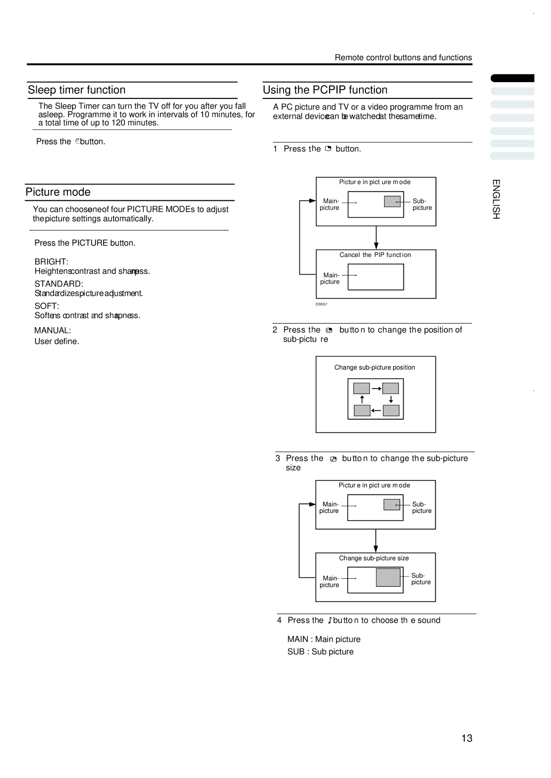 JVC LT-17S2 LT-23S2 manual Sleep timer function, Picture mode, Using the Pcpip function 