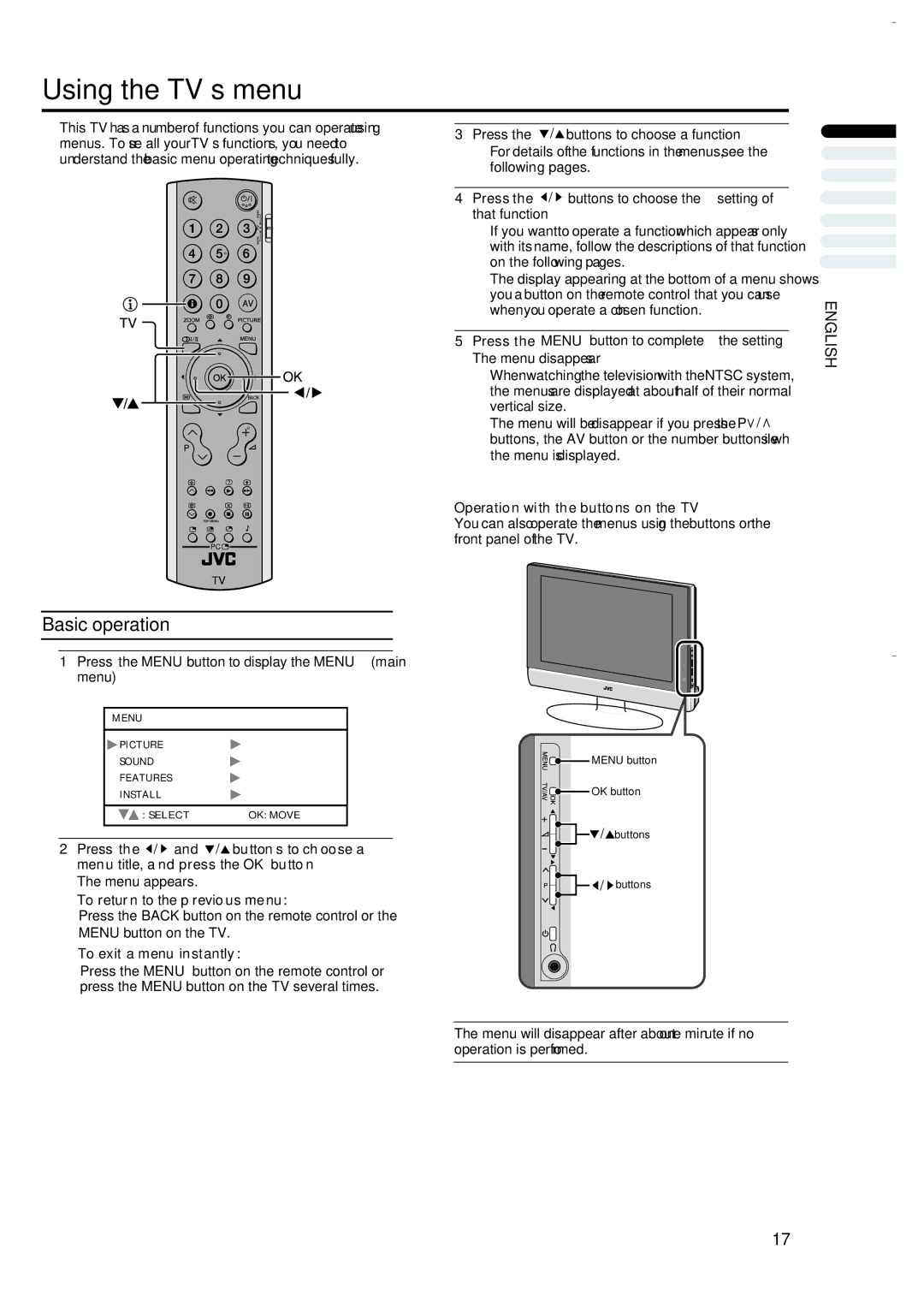 JVC LT-17S2 LT-23S2 manual Using the TV’s menu 