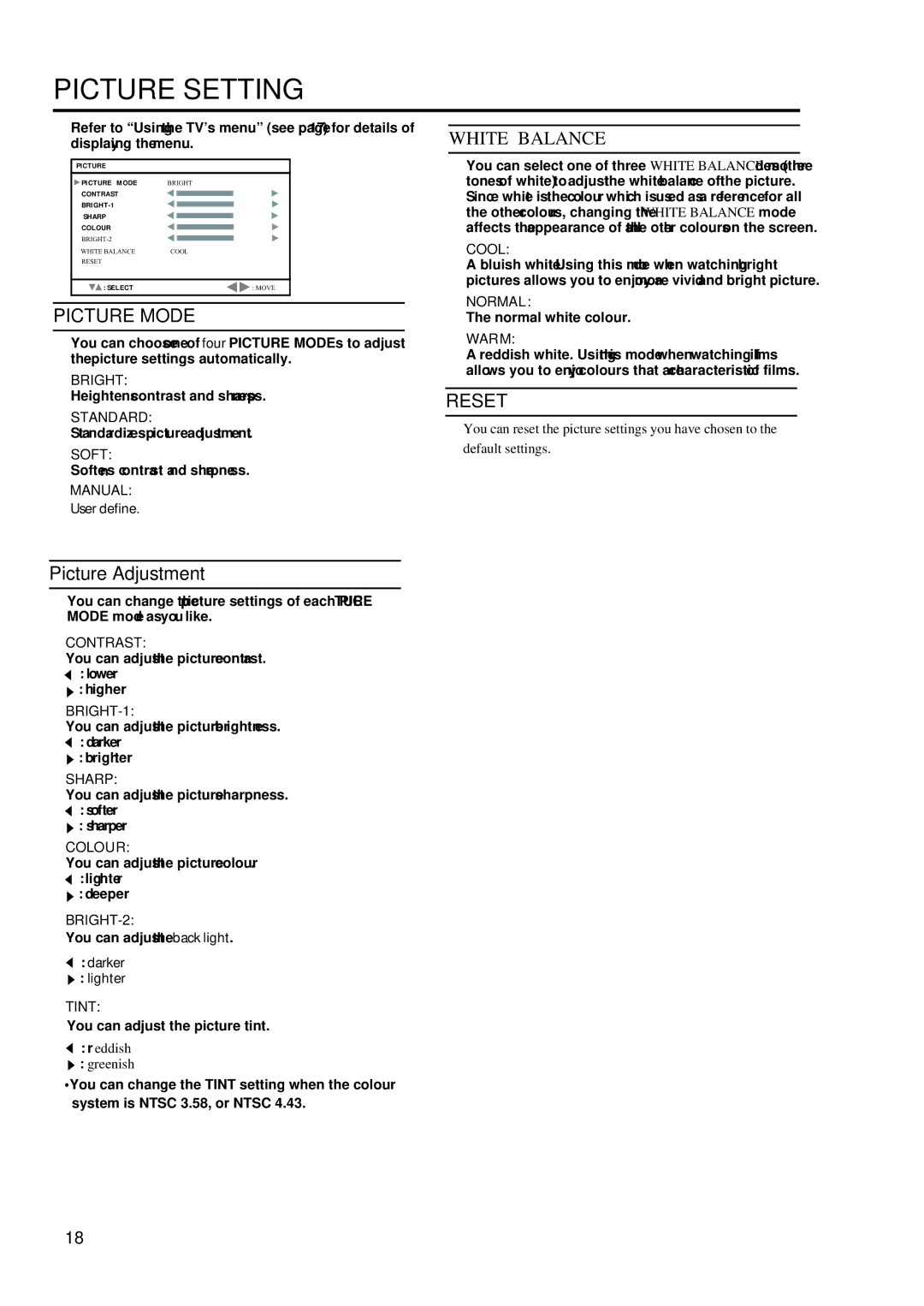 JVC LT-17S2 LT-23S2 manual Picture Mode, Picture Adjustment, White Balance, Reset 