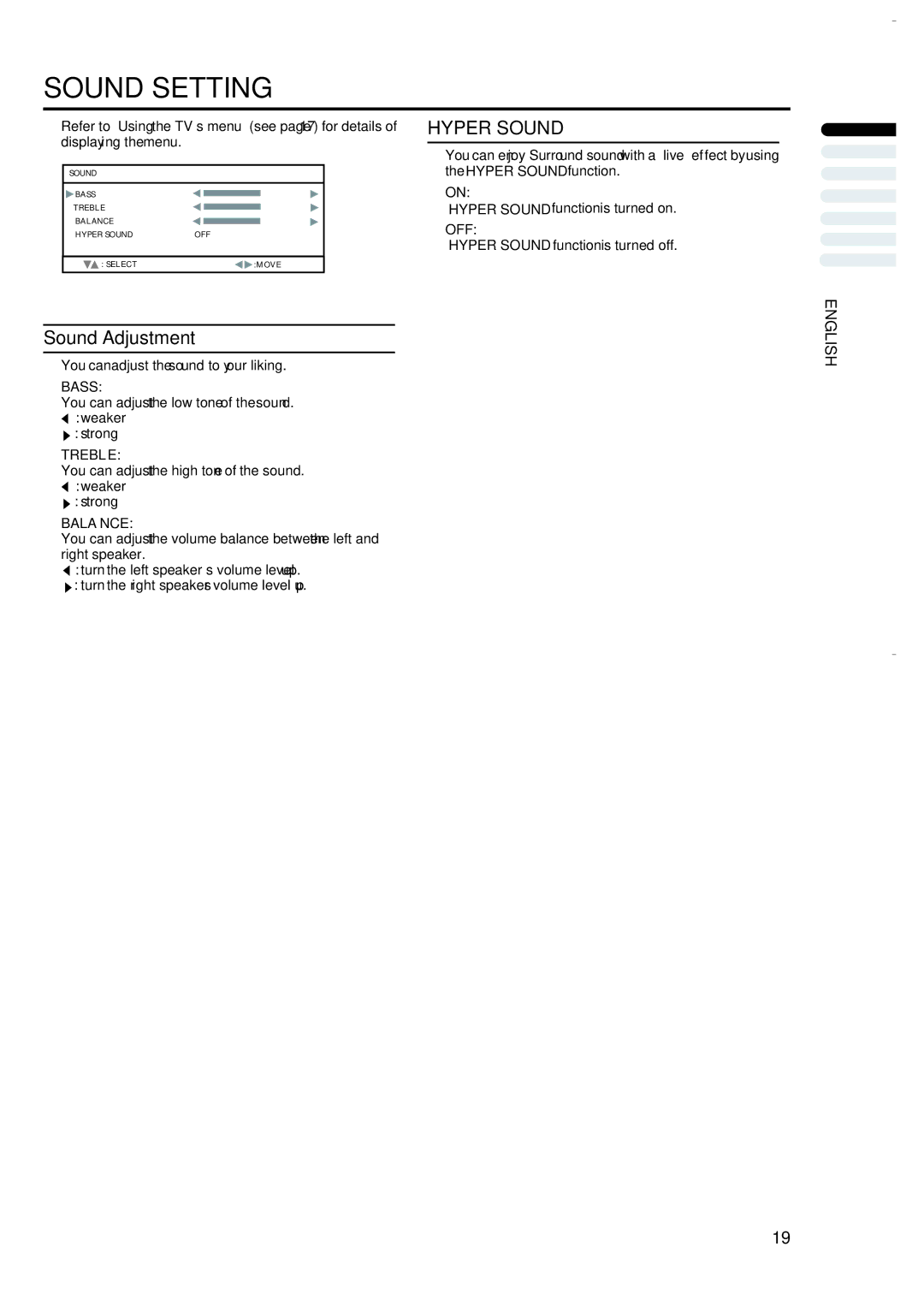 JVC LT-17S2 LT-23S2 manual Sound Adjustment, Hyper Sound 