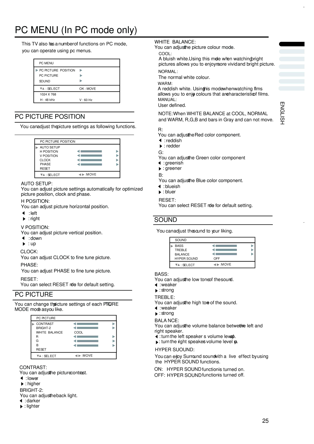 JVC LT-17S2 LT-23S2 manual PC Menu In PC mode only, PC Picture Position, Sound 