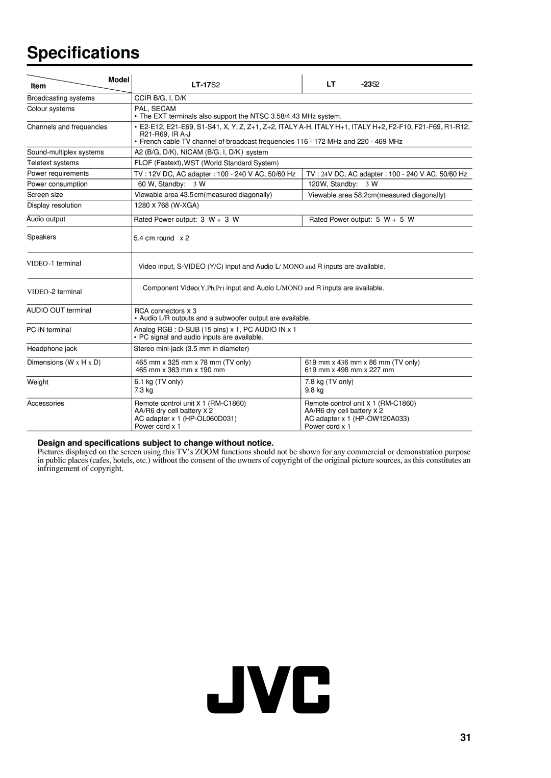 JVC LT-17S2 LT-23S2 manual Specifications, Design and specifications subject to change without notice 