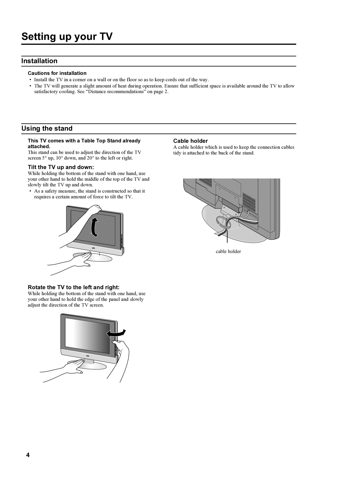 JVC LT-17S2 LT-23S2 manual Setting up your TV, Installation, Using the stand 