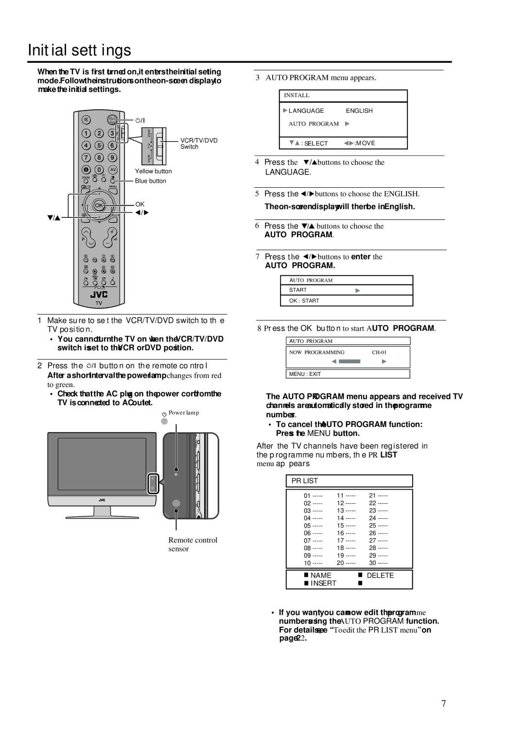 JVC LT-17S2 LT-23S2 manual Initial settings, Language 