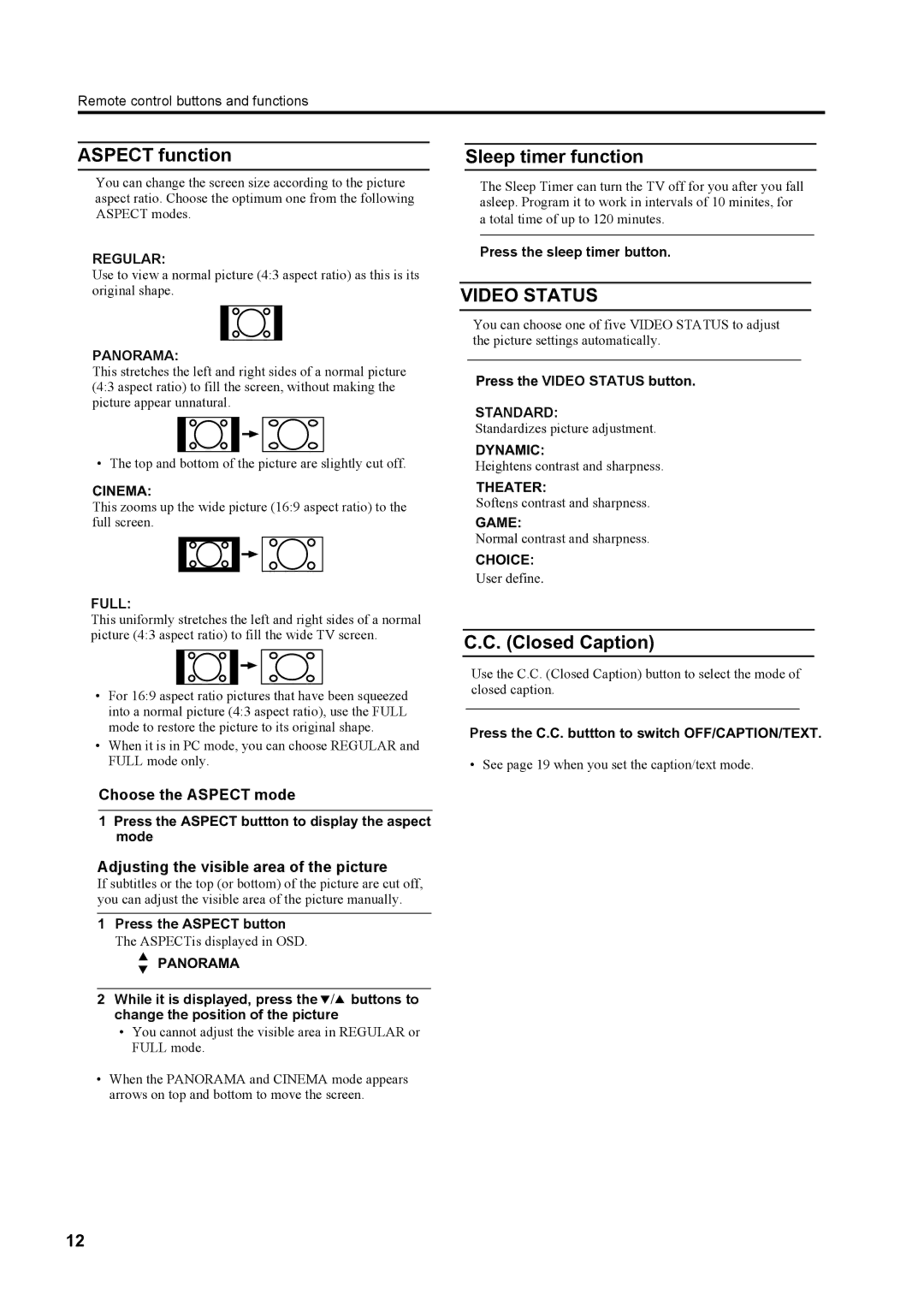 JVC LT-23X475, LT-17X475 manual Aspect function, Sleep timer function, Video Status, Closed Caption 