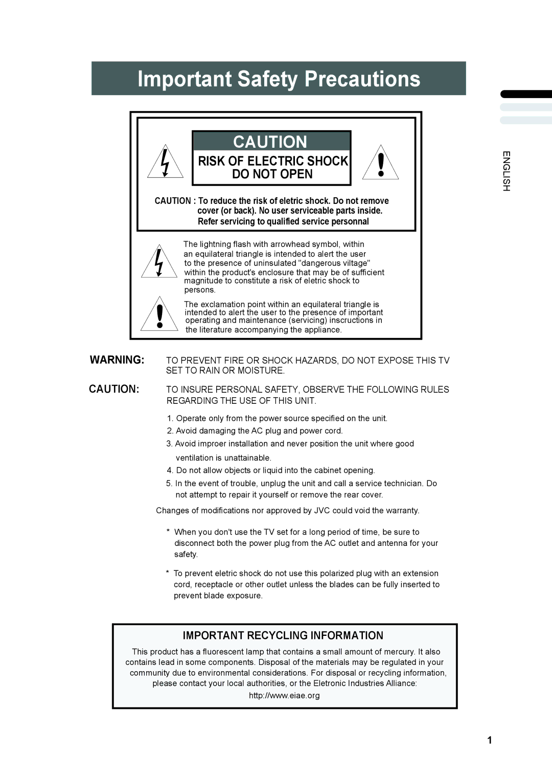 JVC LT-17X475, LT-23X475 manual Important Safety Precautions, Important Recycling Information 