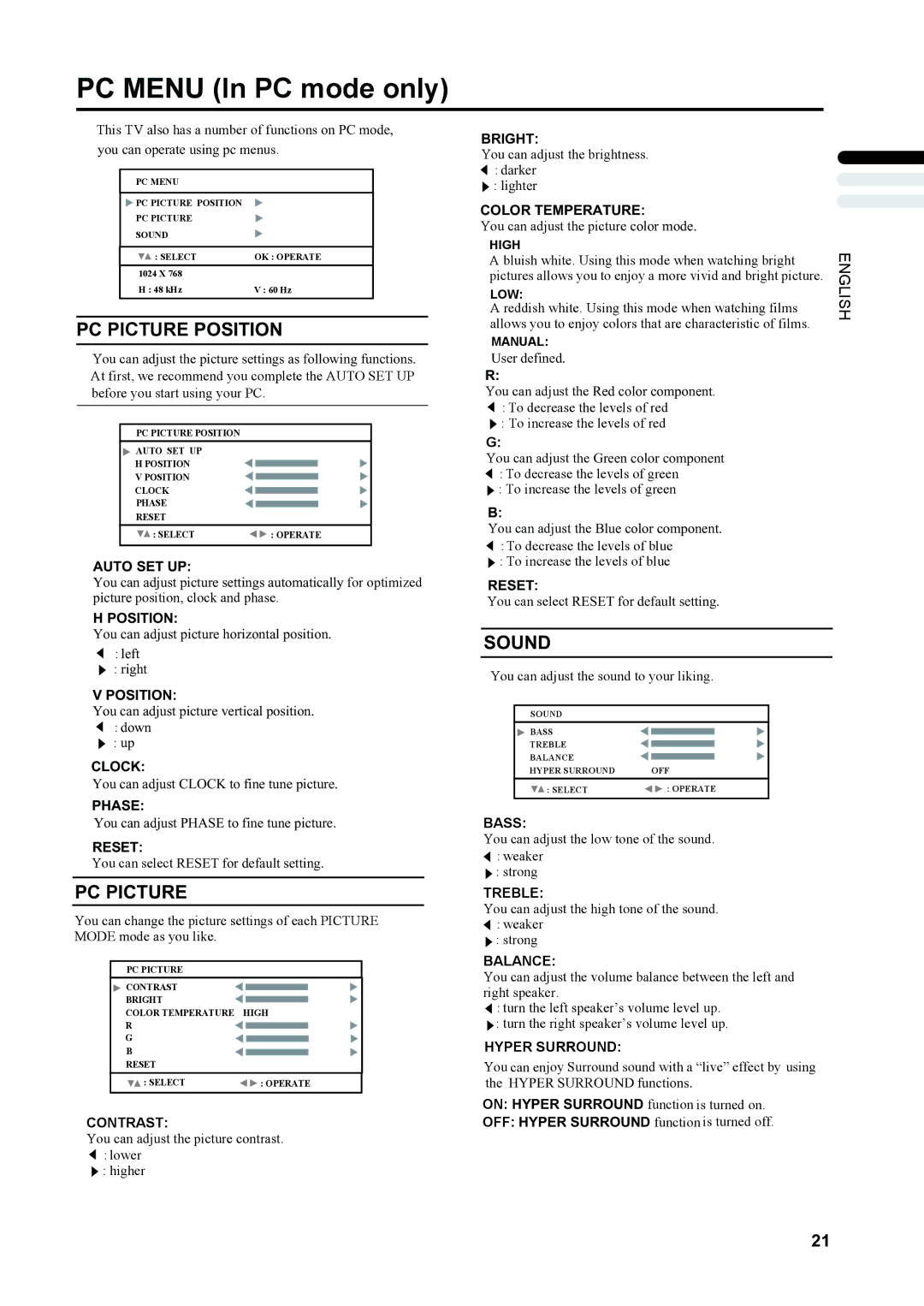 JVC LT-17X475, LT-23X475 manual PC Menu In PC mode only, PC Picture Position, Sound 