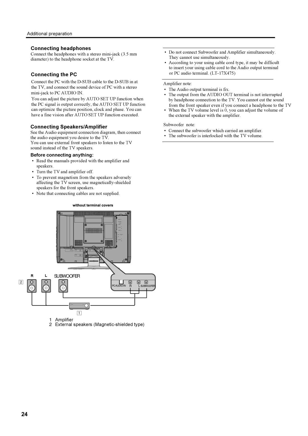 JVC LT-23X475, LT-17X475 manual Connecting headphones, Connecting the PC, Connecting Speakers/Amplifier 