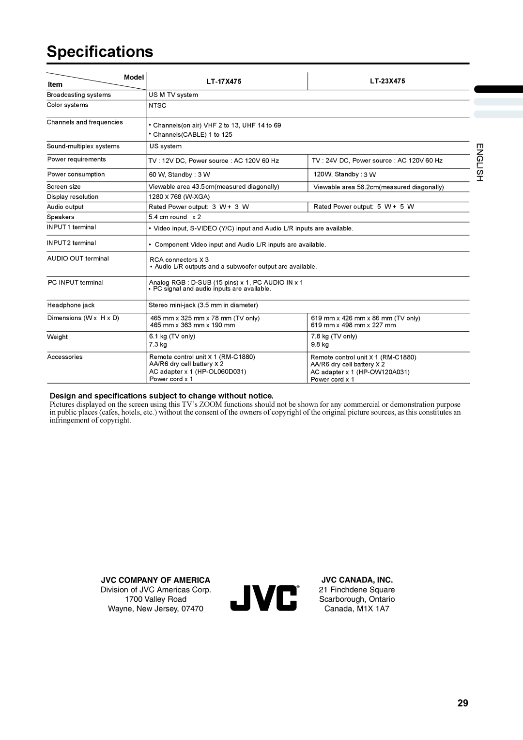 JVC LT-17X475, LT-23X475 manual Specifications, Design and specifications subject to change without notice 