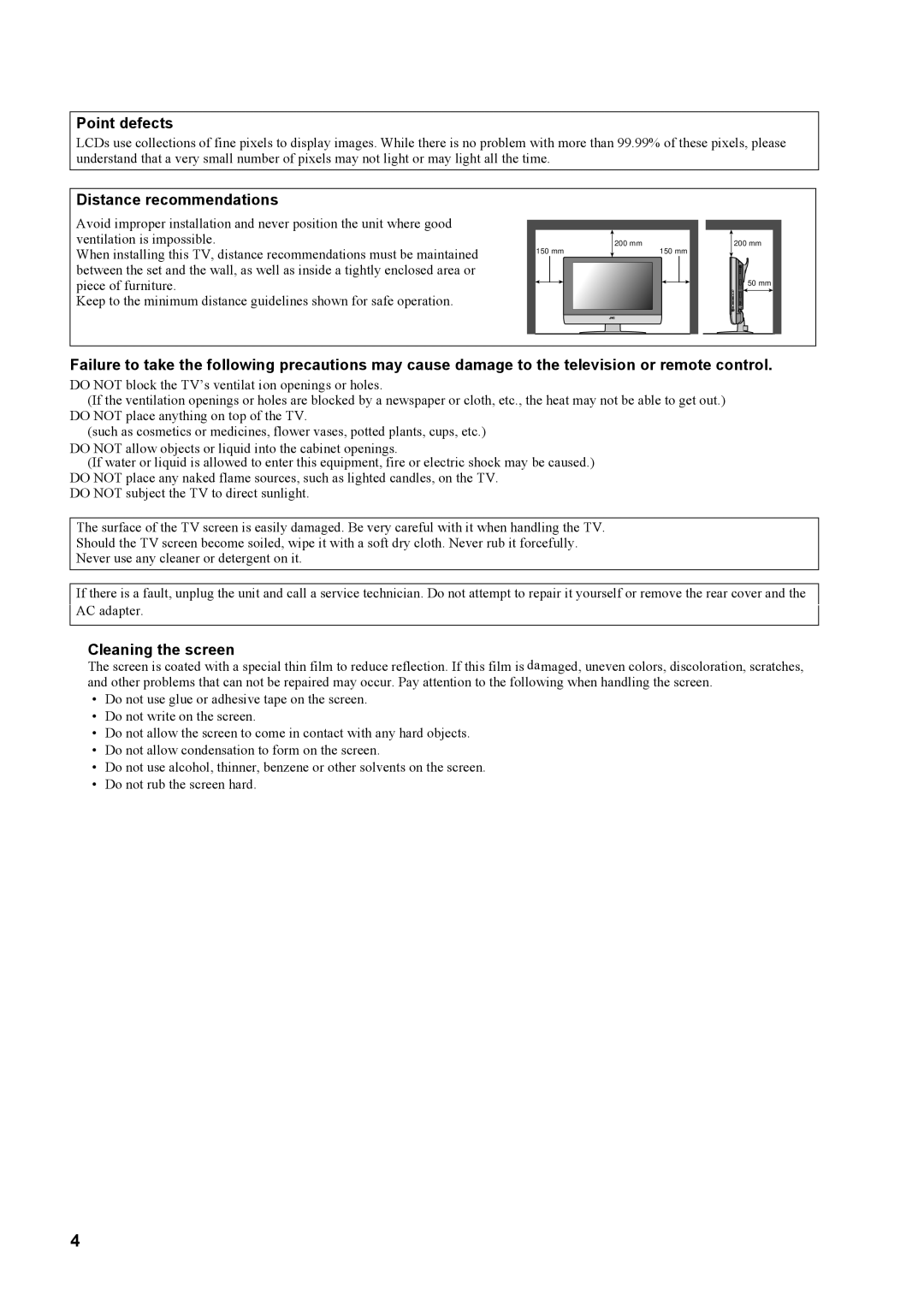 JVC LT-23X475, LT-17X475 manual Point defects, Distance recommendations, Cleaning the screen 