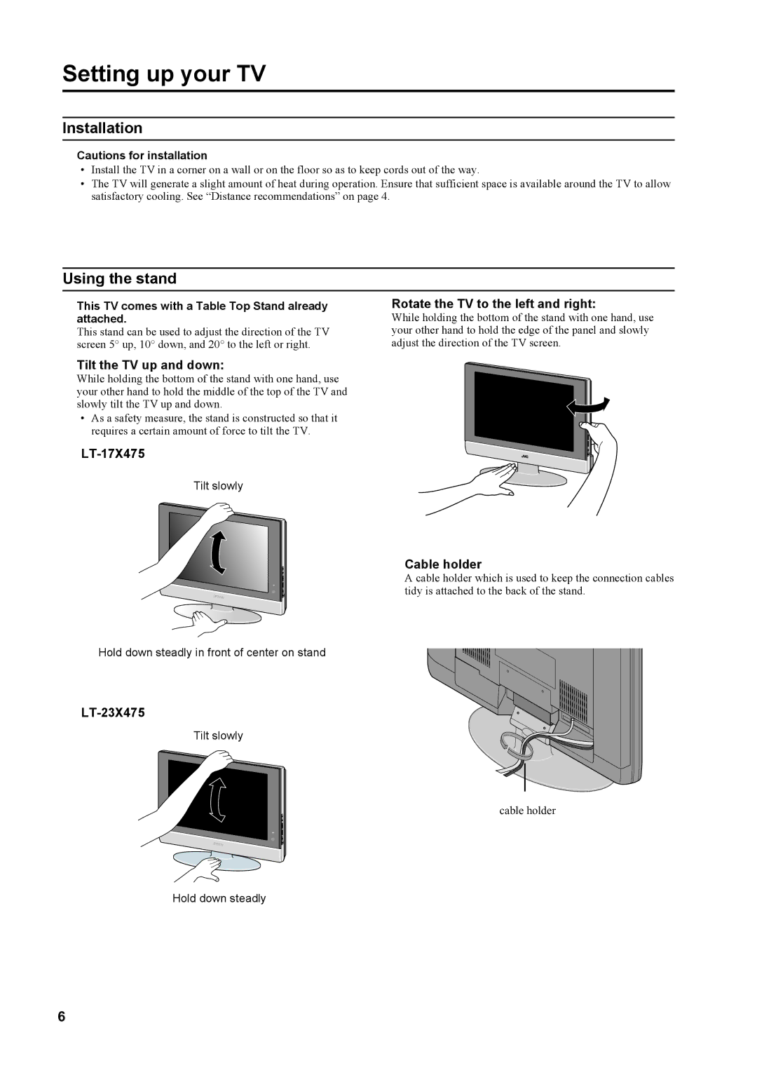 JVC LT-23X475, LT-17X475 manual Setting up your TV, Installation, Using the stand 