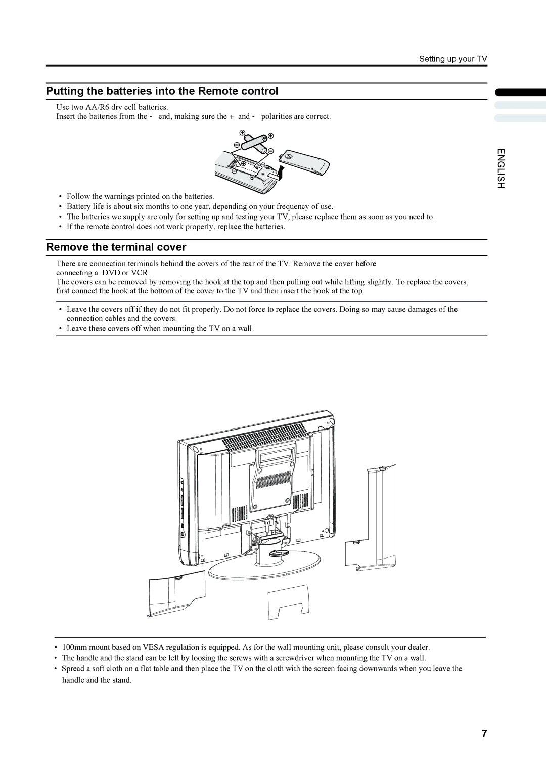 JVC LT-17X475, LT-23X475 manual Putting the batteries into the Remote control, Remove the terminal cover 