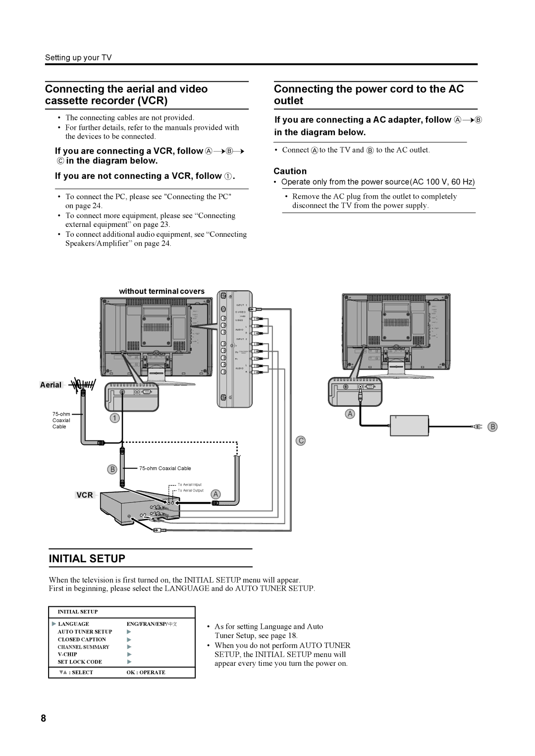 JVC LT-23X475 Connecting the aerial and video cassette recorder VCR, Connecting the power cord to the AC outlet, Aerial 