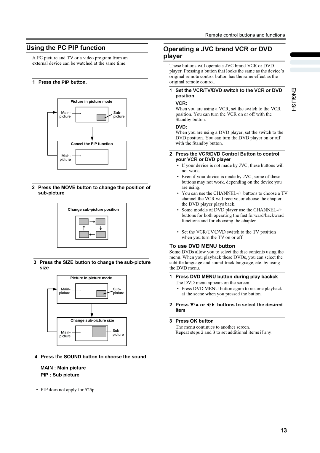 JVC LT-17X475, LT-23X475 manual Using the PC PIP function, Operating a JVC brand VCR or DVD player, To use DVD MENU button 