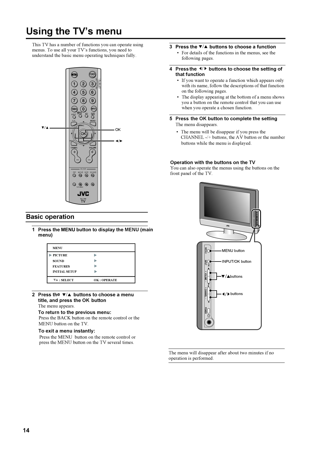 JVC LT-23X475, LT-17X475 manual Using the TV’s menu, Basic operation 