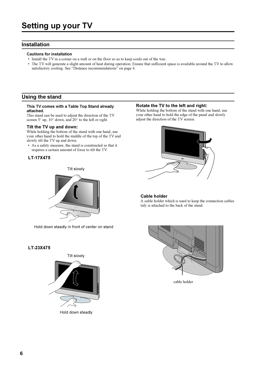 JVC LT-23X475 manual Setting up your TV, Installation, Using the stand, Rotate the TV to the left and right, LT-17X475 