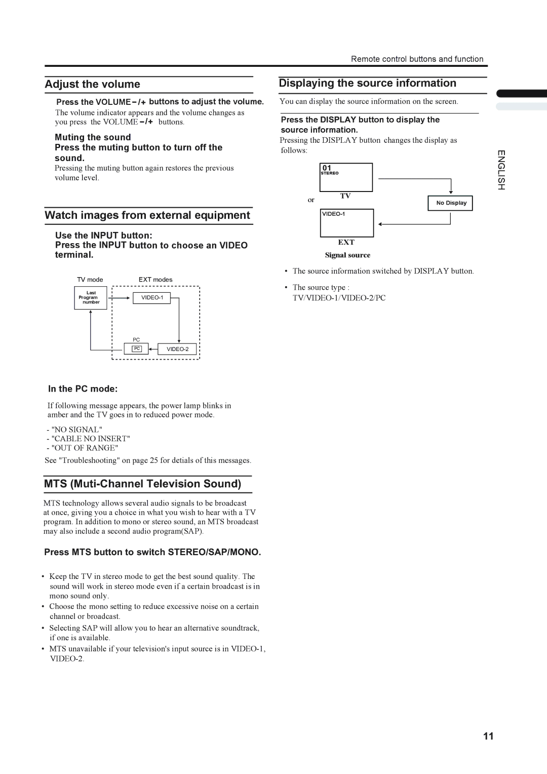 JVC LT-17X576 Displaying the source information, Watch images from external equipment, MTS Muti-Channel Television Sound 