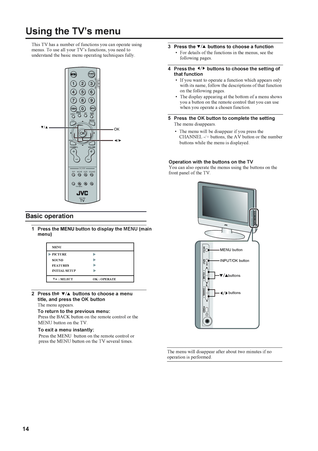 JVC LT-23X576, LT-17X576 manual Using the TV’s menu, Basic operation 