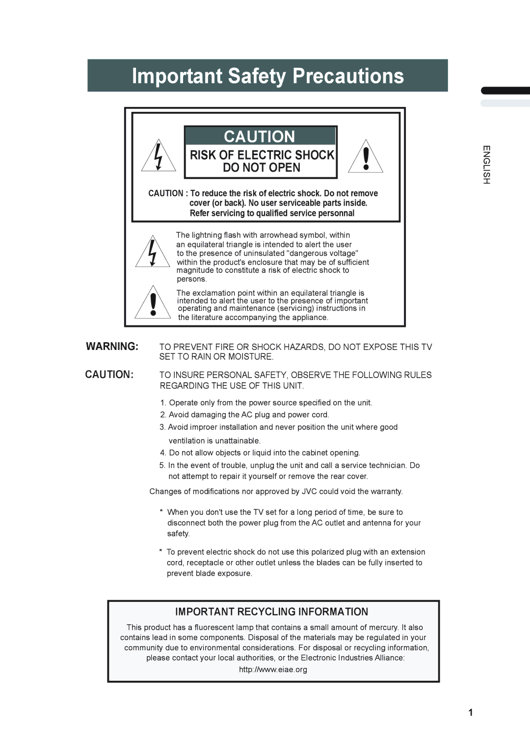 JVC LT-17X576, LT-23X576 manual Important Safety Precautions, Important Recycling Information 