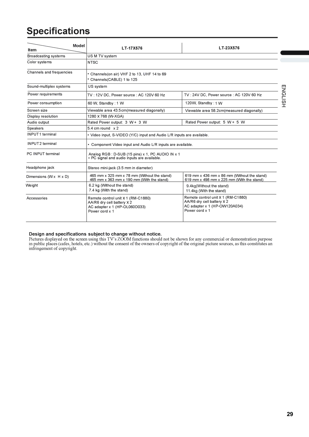 JVC LT-17X576, LT-23X576 manual Specifications, Design and specifications subject to change without notice 