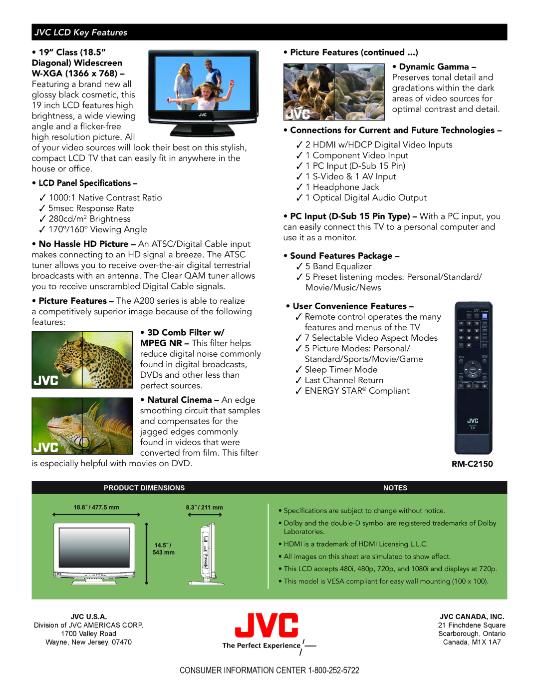 JVC LT-19A200 manual LCD Panel Specifications, User Convenience Features, RM-C2150 