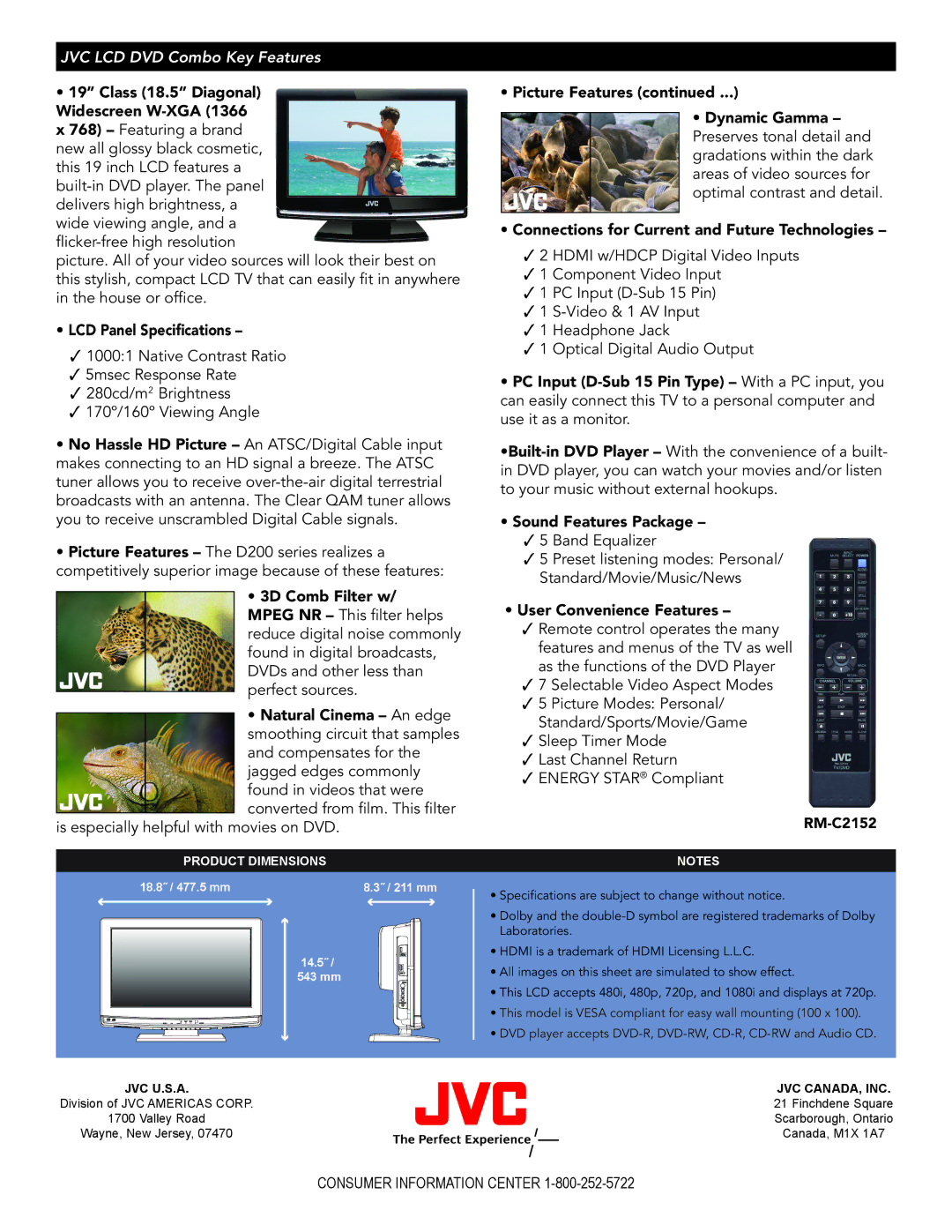 JVC LT-19D200 manual LCD Panel Specifications, Sound Features Package, User Convenience Features, RM-C2152 