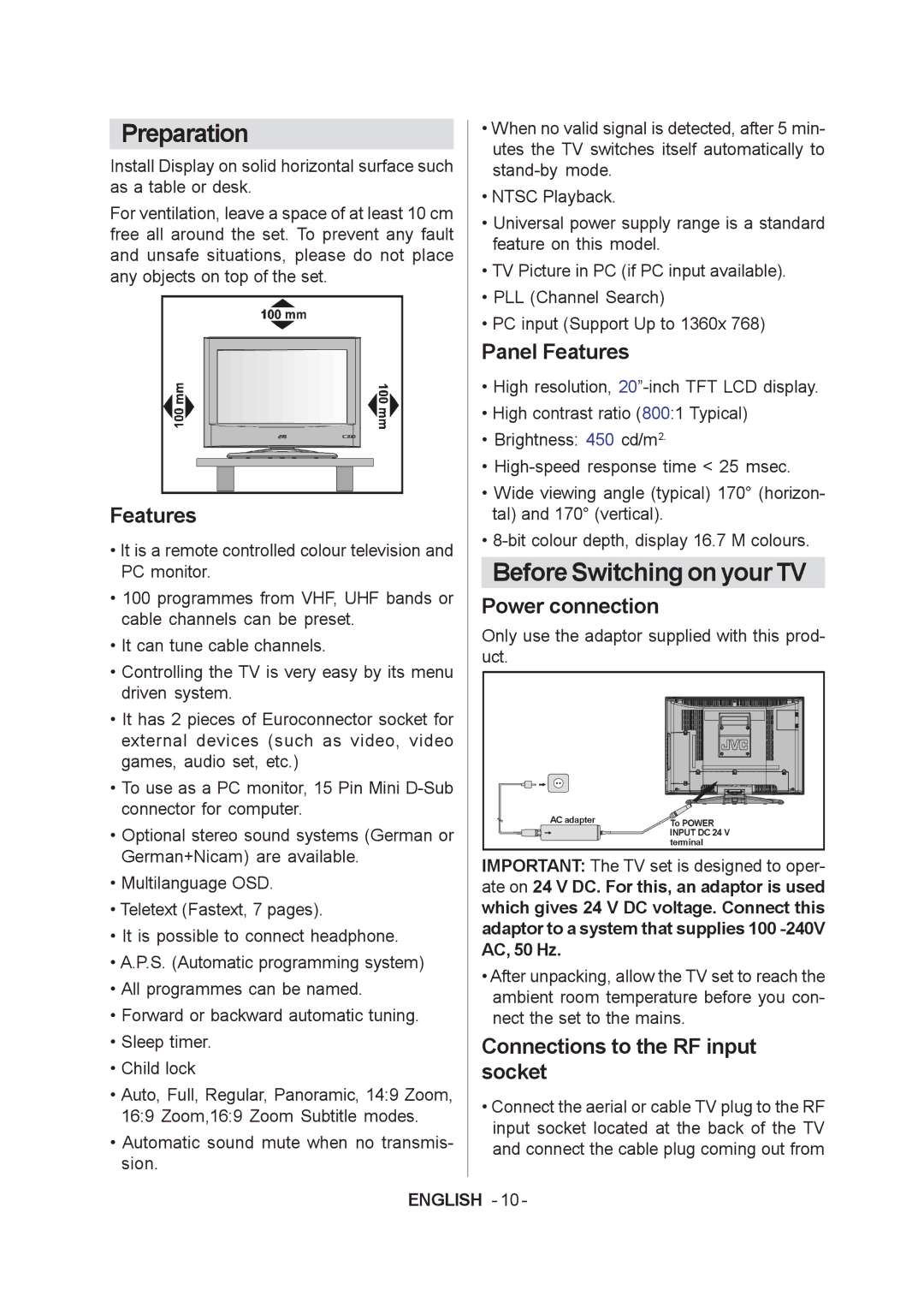 JVC LT-20A60SU manual Preparation, Before Switching on your TV 