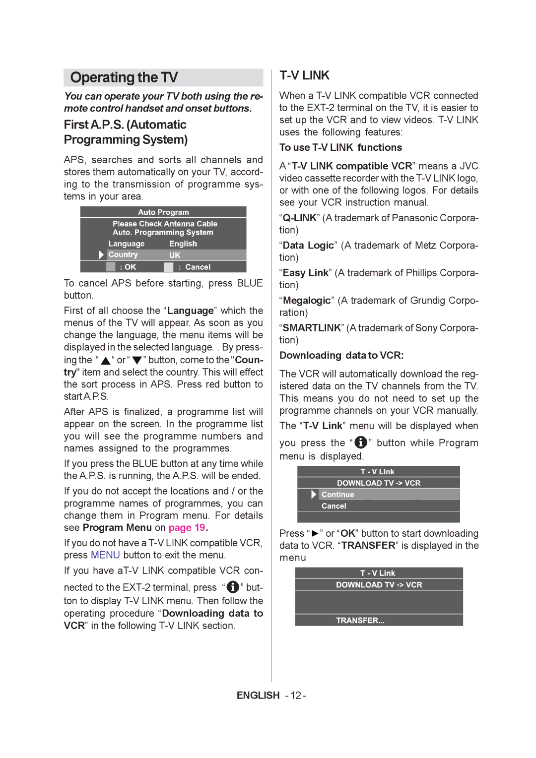 JVC LT-20A60SU manual Operating the TV, First A.P.S. Automatic Programming System 