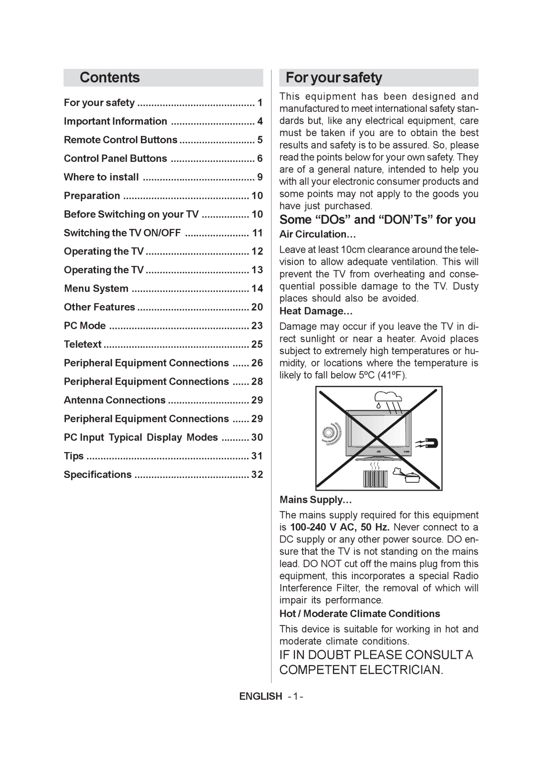 JVC LT-20A60SU manual Contents, For your safety 