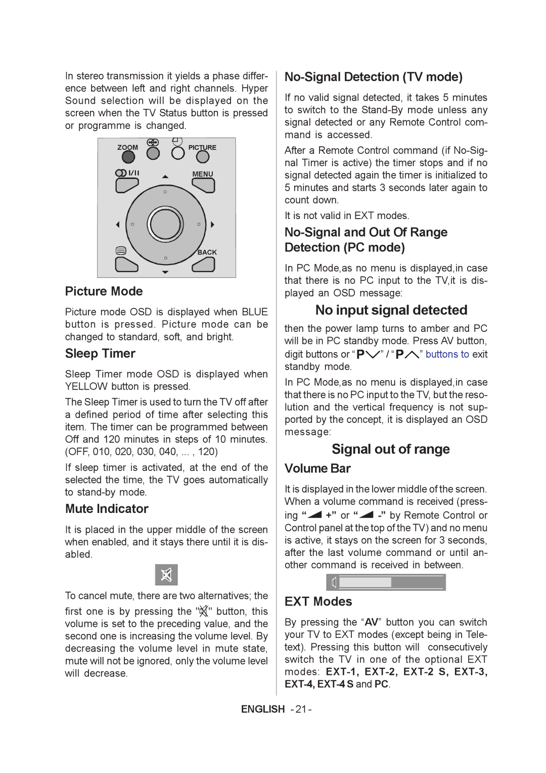 JVC LT-20A60SU manual Picture Mode, Sleep Timer, Mute Indicator, No-Signal Detection TV mode, Volume Bar, EXT Modes 