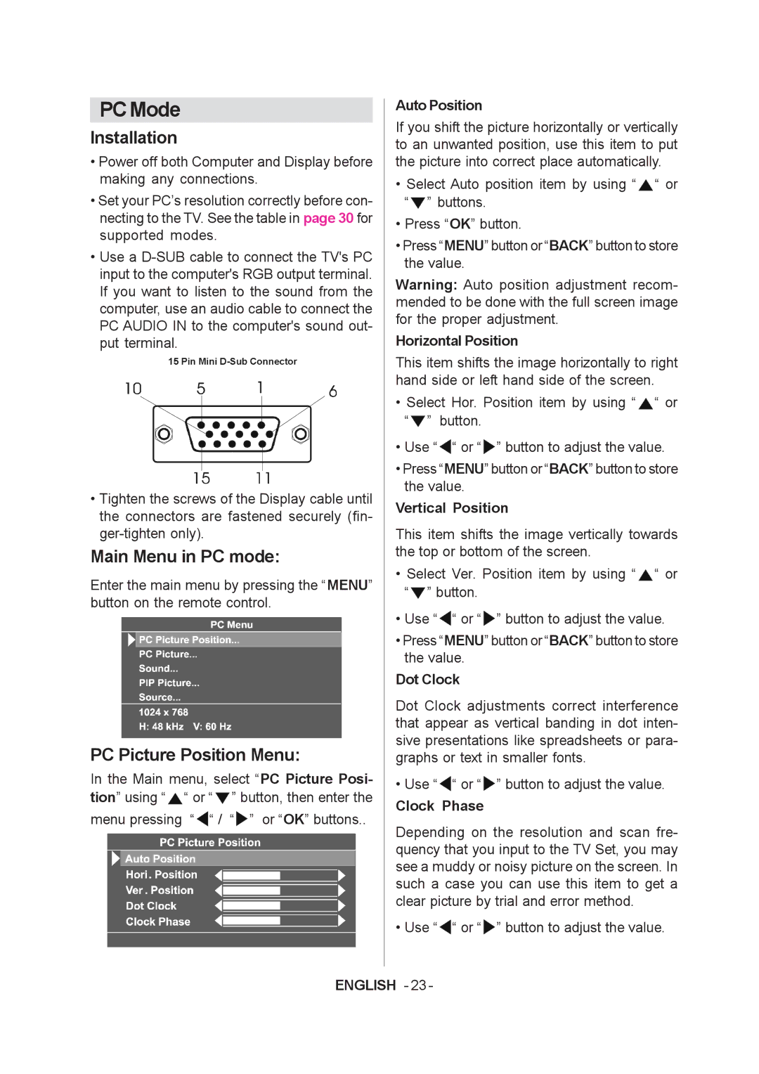 JVC LT-20A60SU manual PC Mode, Installation, Main Menu in PC mode, PC Picture Position Menu 