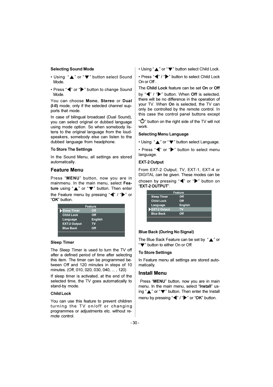 JVC LT-20DA6SK manual Feature Menu, Install Menu 