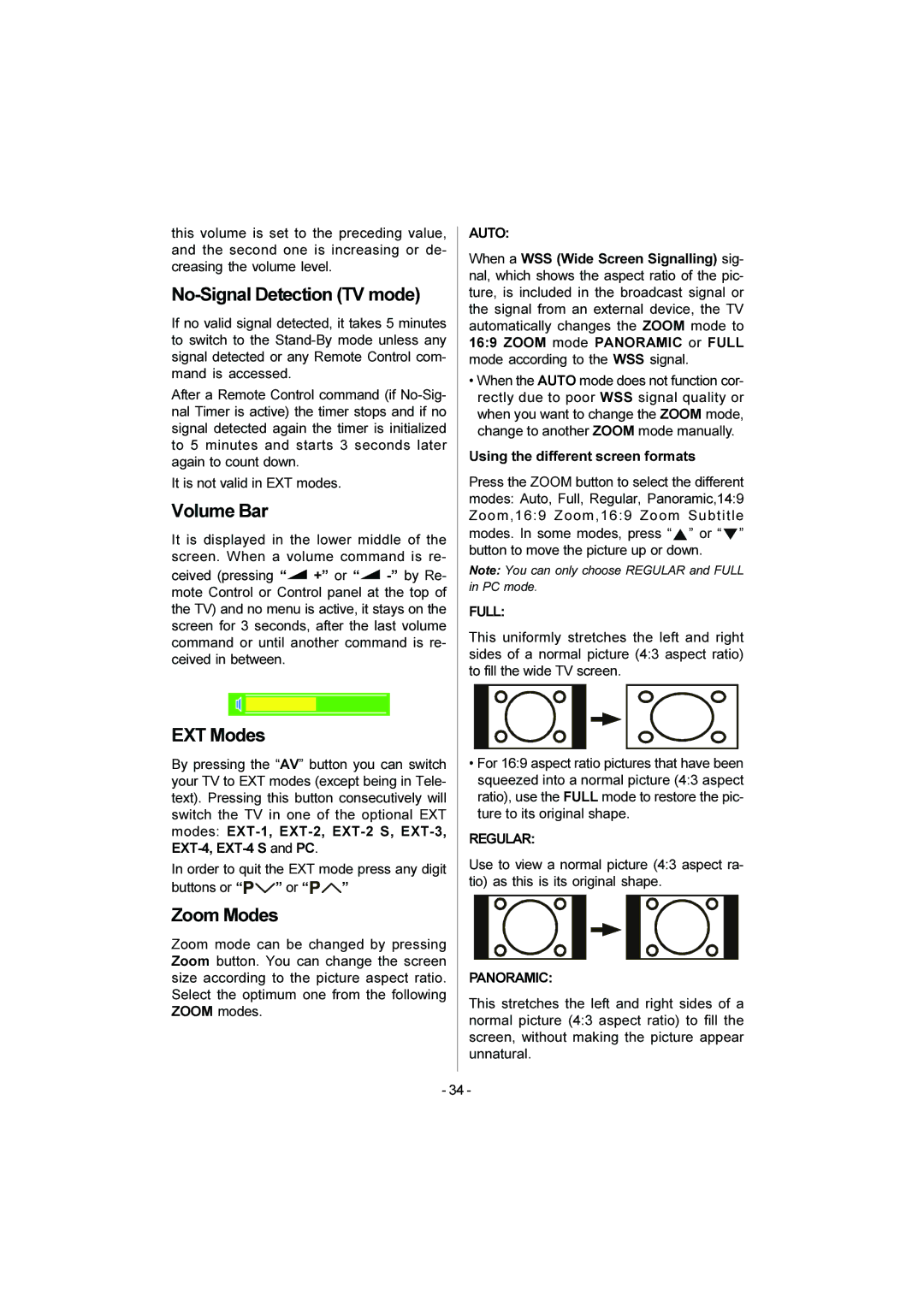 JVC LT-20DA6SK manual No-Signal Detection TV mode, Volume Bar, EXT Modes, Zoom Modes 